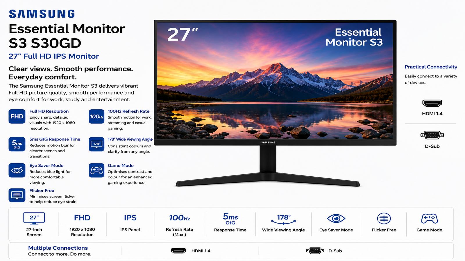 Samsung LS27D300GAMXUE, Samsung Essential Monitor S3 S30GD, 27-Inch Full HD IPS Display, 1920x1080 Resolution, 100Hz Refresh Rate, 5ms GtG, Eye Saver Mode, Flicker Free, Game Mode, HDMI 1.4, D-Sub, Black | LS27D300GAMXUE